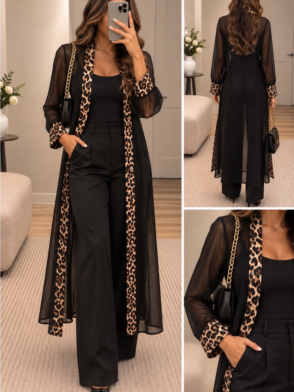 Chiffon Long Duster with Leopard Trim - Black